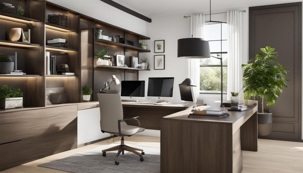 spacious home office desk with hutch